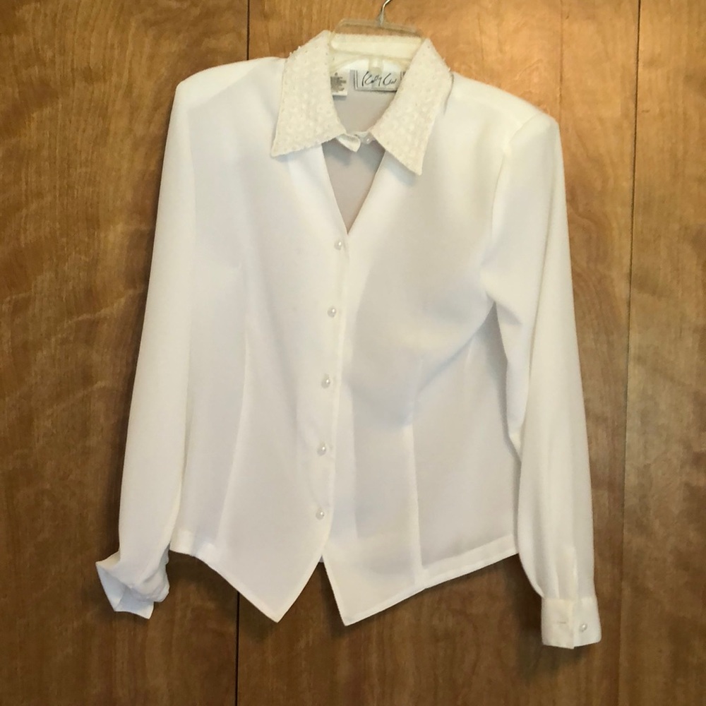 White polyester blouse, pearl trim collar